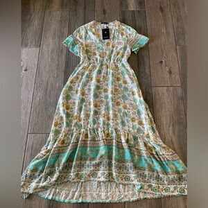 Boho Floral Maxi Dress in Teal and Cream by